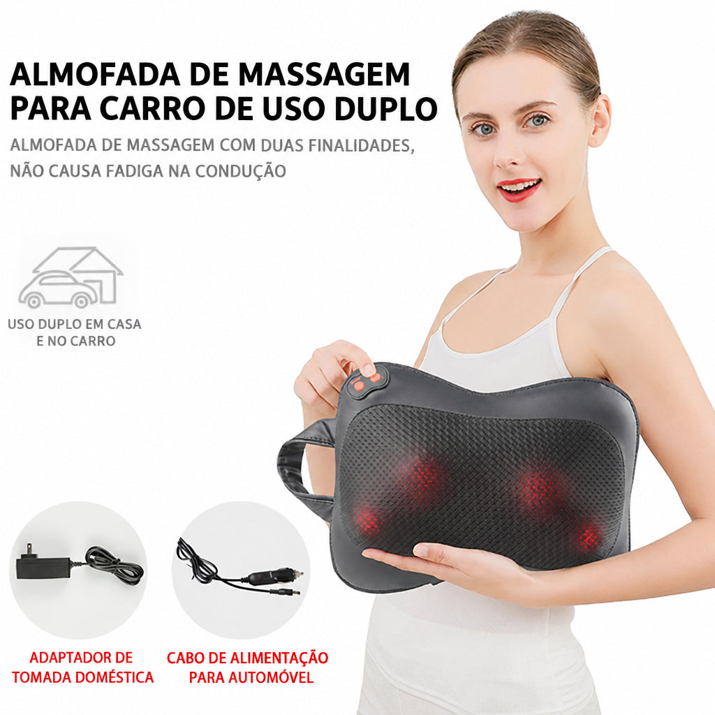 Uma almofada compacta para massagem e relaxamento em casa, concebida para a zona do pescoço e dos ombros.
