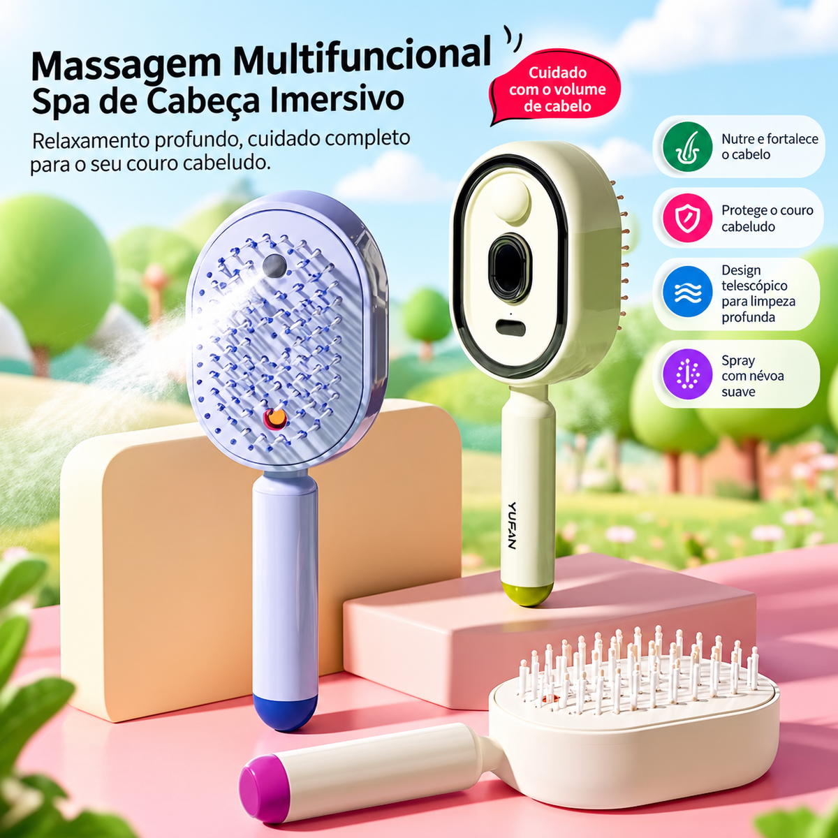 Escova elétrica de massagem capilar com névoa hidratante