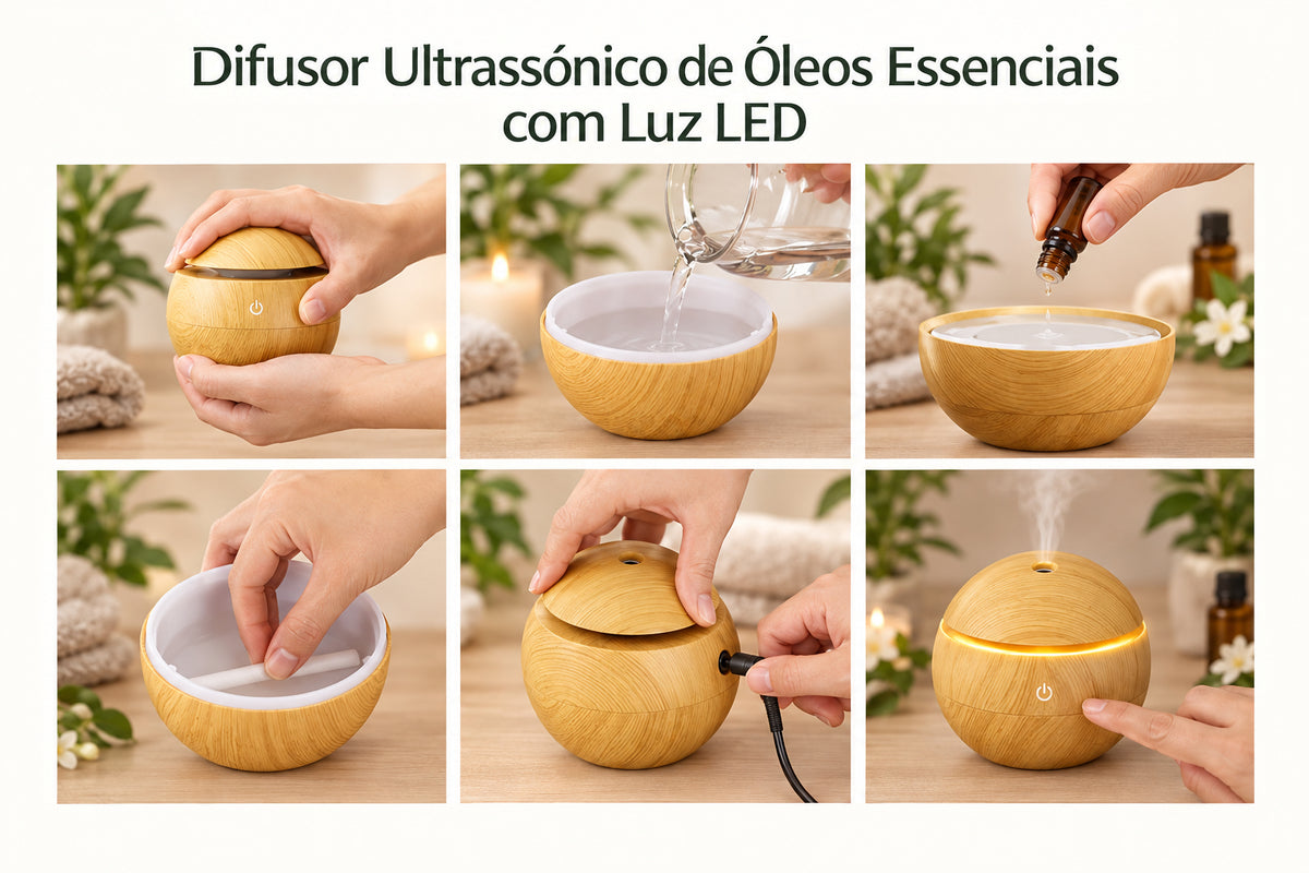Difusor ultrassónico de óleos essenciais com luz LED