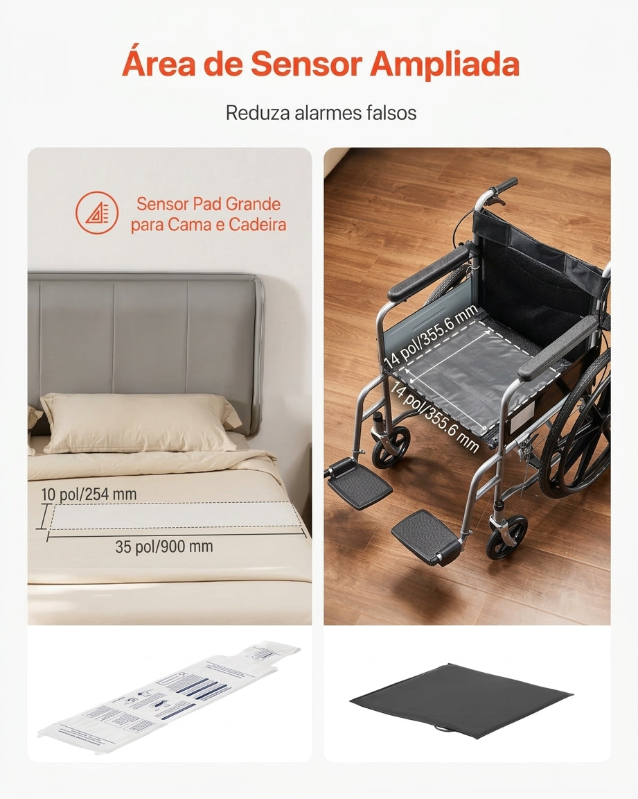 Sistema sem fios de alerta para cama e cadeira com sensor e recetor