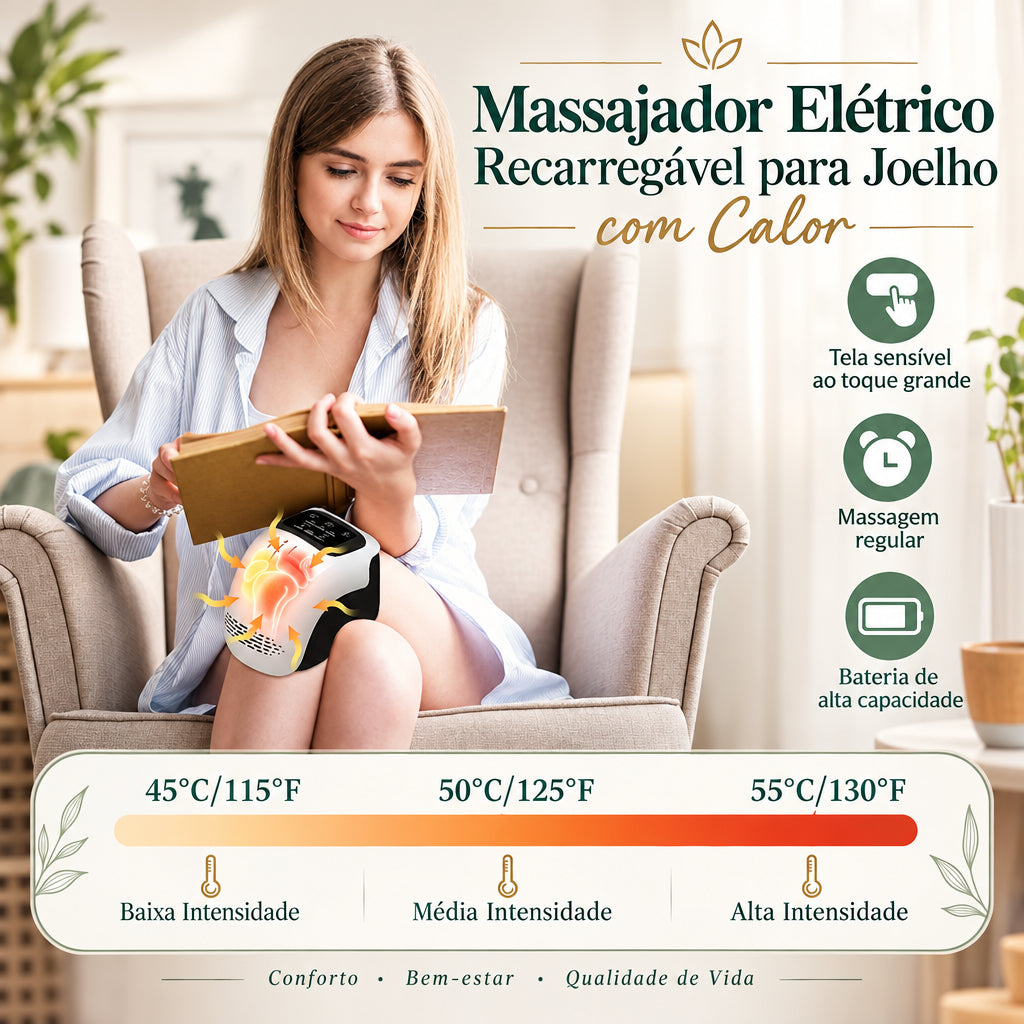 Alívio do cansaço: a massagem por amassamento e a vibração ajudam a relaxar os músculos à volta do joelho depois de um dia de pé, de caminhadas ou de exercício;
Mais conforto nos movimentos: uma sensação de joelho mais solto e descontraído, para enfrentar escadas e passeios com mais leveza