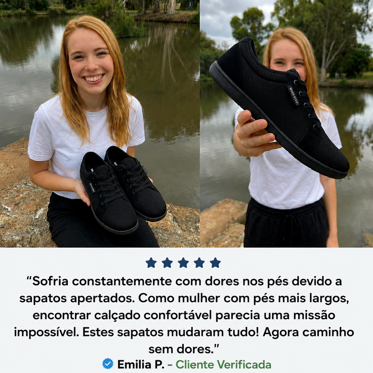 Formato 40% mais largo: dá mais espaço aos dedos e deixa os pés moverem-se de forma natural, sem apertar.
Conforto para o dia a dia: ideal para caminhadas, recados ou longas horas de pé.
Estilo discreto: design simples que combina com o seu visual de todos os dias.