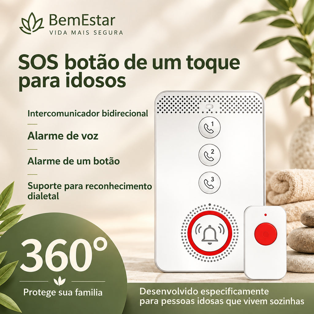 Este sistema inclui um recetor com aviso sonoro e botões de emergência. Quando um botão é acionado, o recetor emite um alerta sonoro para chamar a atenção de quem estiver por perto, uma ajuda prática para a rotina de cuidados em casa