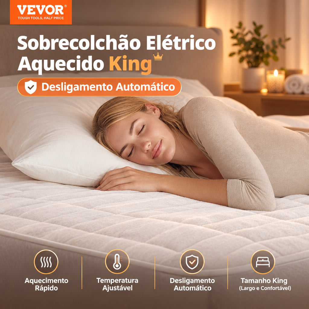 Este sobrecolchão elétrico é feito para uma cama King e combina um tecido macio com aquecimento elétrico e função de desligamento automático.