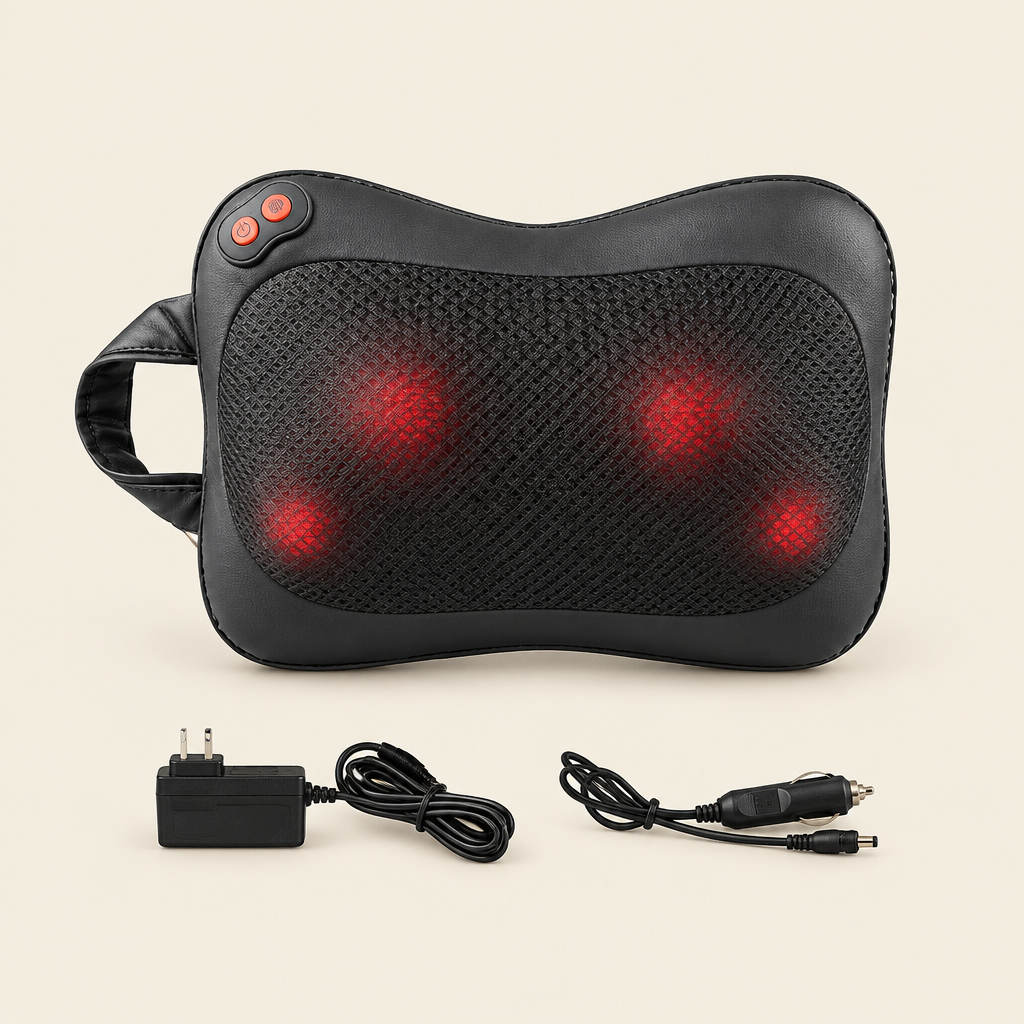 Uma almofada compacta para massagem e relaxamento em casa, concebida para a zona do pescoço e dos ombros.