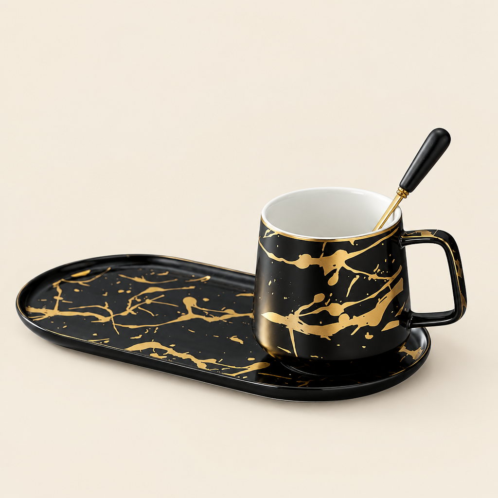 Conjunto de caneca e prato de cerâmica para chá e café