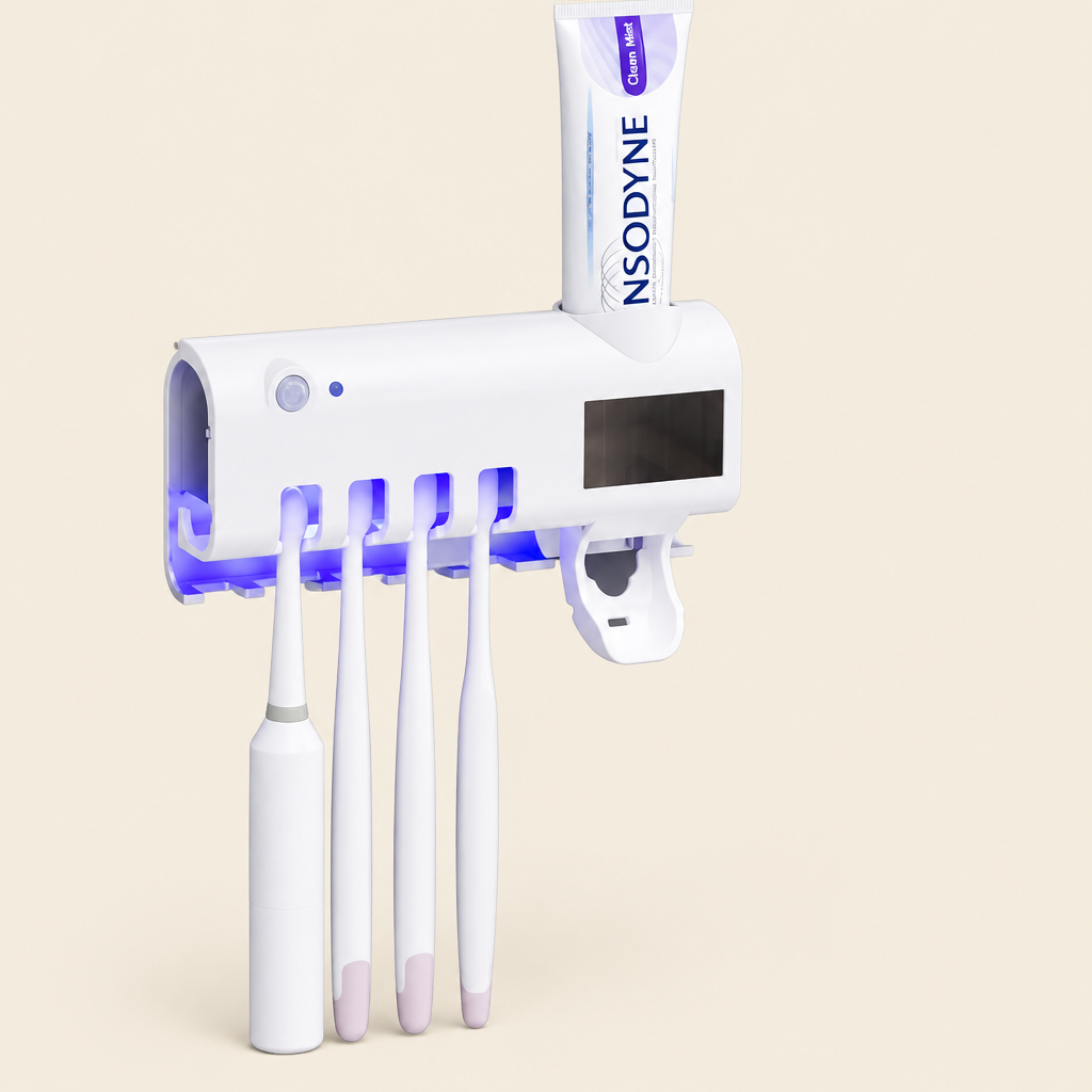 Suporte de escovas com esterilização UV e dispensador de pasta de dentes