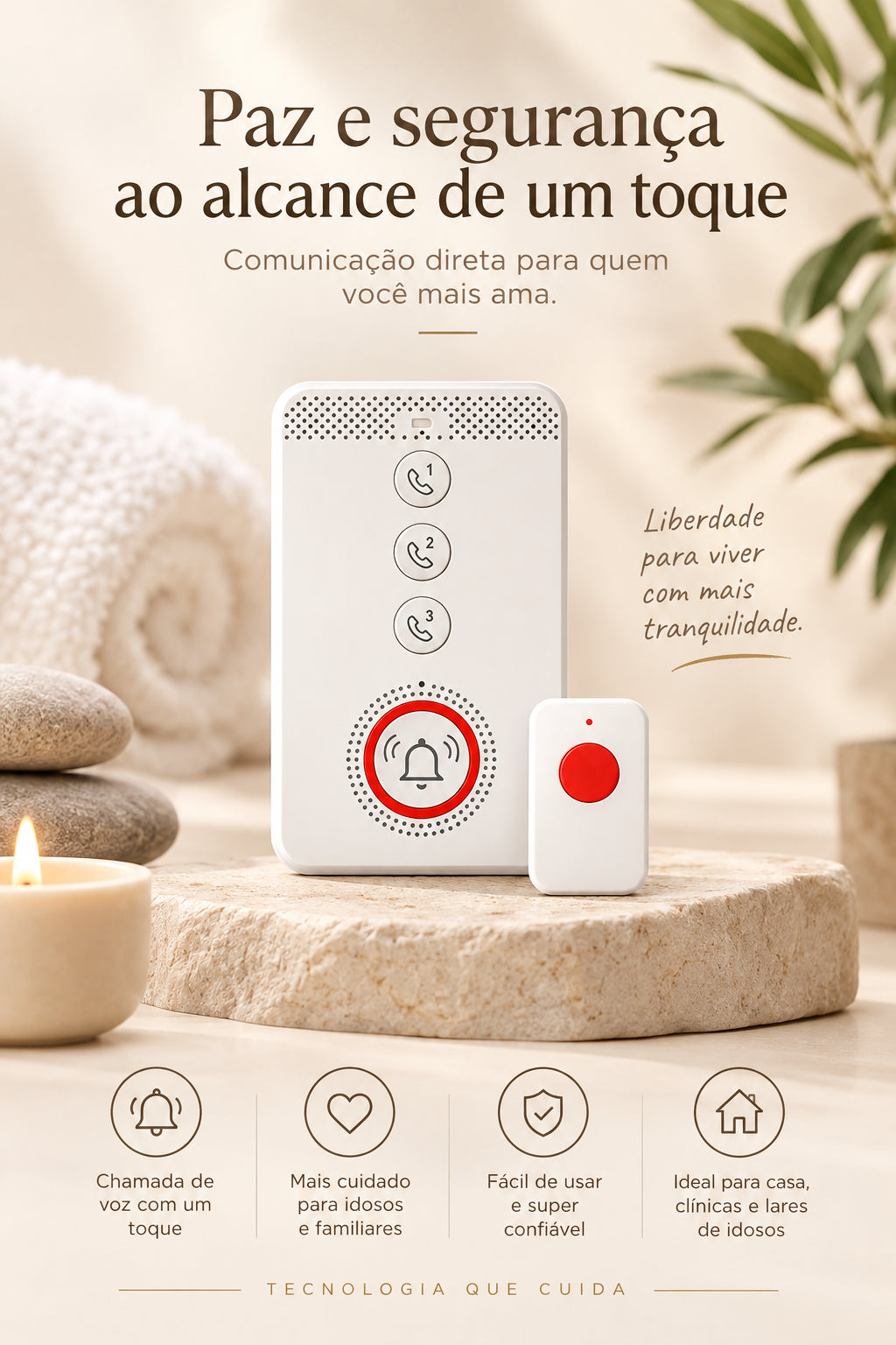 Este sistema inclui um recetor com aviso sonoro e botões de emergência. Quando um botão é acionado, o recetor emite um alerta sonoro para chamar a atenção de quem estiver por perto, uma ajuda prática para a rotina de cuidados em casa.